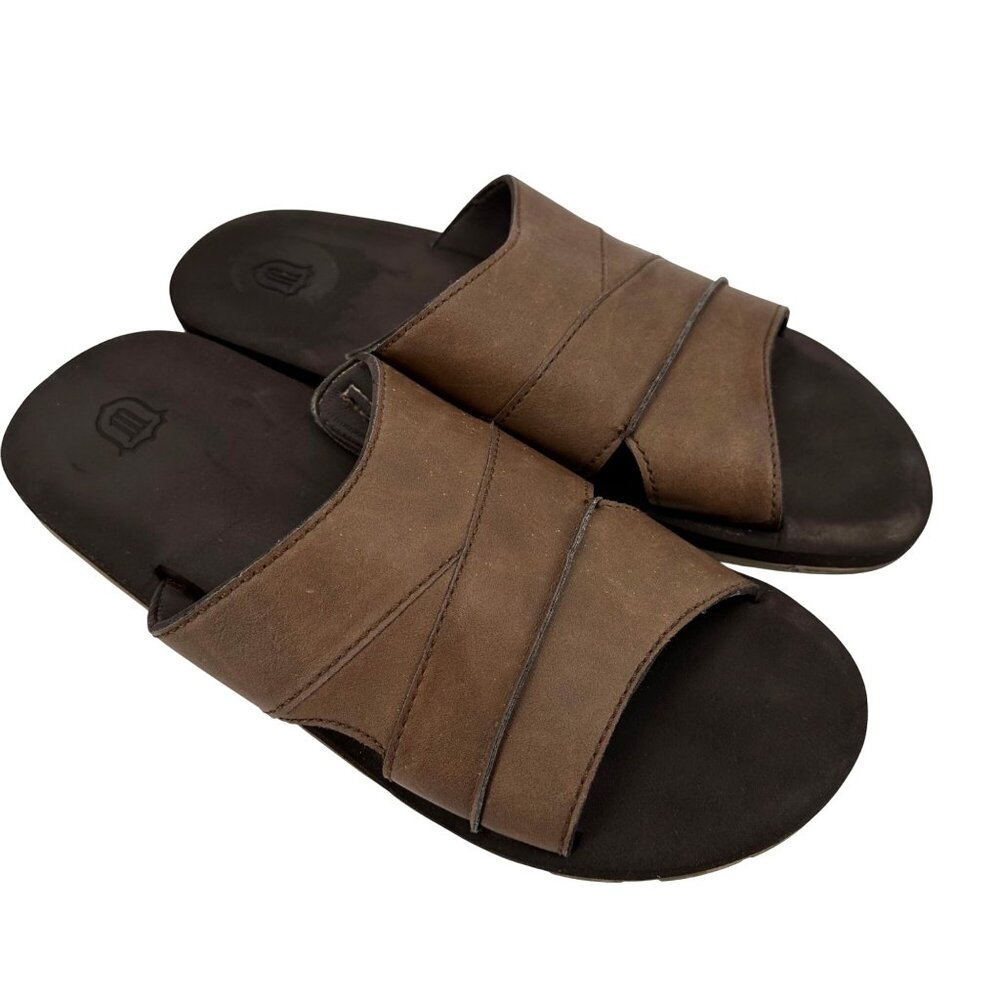 Mens Brown Leather Slide Sandals Size 12 With Rubber Soles